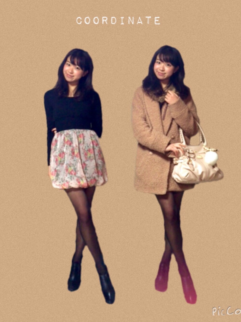 「ガーリー、ワンピース、花柄、黒」｜「？のウエスト切り替え花柄ワンピース（ワンピース、ブラック系）」を使った、かなさん（レディース・156cm）の冬コーディネートの1枚目の写真