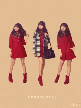 「アイテム（ブーティ、レッド系）」を使った、かなさん（レディース・156cm）の冬コーディネート