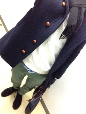 「アイテム（デニムパンツ、グリーン系）」を使った、T.K.Rさん（メンズ・185cm）の冬コーディネート