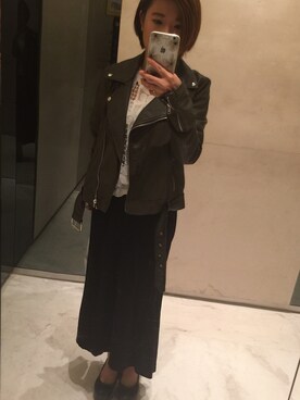 「FOREVER 21（フォーエバー トゥエンティーワン）のFOREVER 21 Faux Leather Moto Jacket（ライダースジャケット、ブラウン系）」を使った、Angelicamuletさん（レディース・153cm）の秋コーディネート