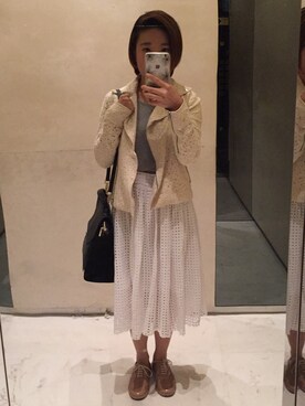 「LOVE BOAT（ラブ・ボート）のアイテム（ライダースジャケット、ホワイト系）」を使った、Angelicamuletさん（レディース・153cm）の秋コーディネート