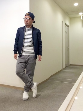 「ネイビー×ホワイト」｜「アイテム（ミリタリージャケット）」を使った、よんさん（メンズ・166cm）の秋コーディネート