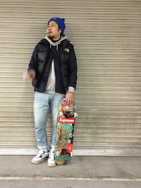 「スケボー」｜「アイテム（ダウンジャケット/コート）」を使った、sho-1さん（メンズ・171cm）の冬コーディネート