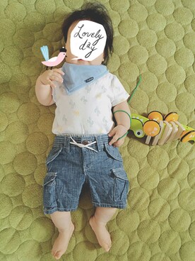 「アイテム（おもちゃ、グリーン系）」を使った、tomoさん（キッズ・80cm）の夏コーディネート