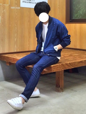 「ブルー x ホワイト」｜「アイテム（デニムジャケット）」を使った、MOON🌙さん（メンズ・172cm）の秋コーディネート