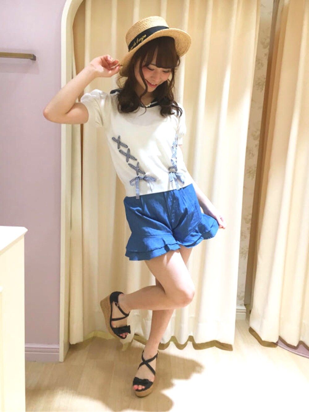 「夏、カジュアル、ハット、セーラーカラー、デニム、サンダル、マリン」｜「Ank Rougeのアイテム（ハット、ブラック系）」を使った、m a y u さん（レディース・158cm）の夏コーディネートの1枚目の写真