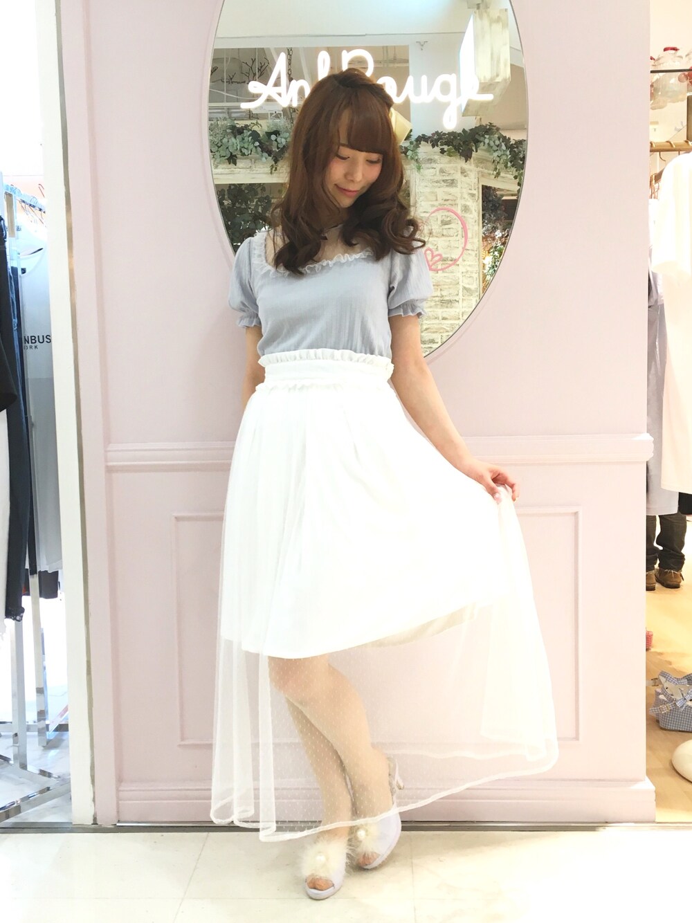 「夏、夢かわいい、ブルー x ホワイト、ブルー、ホワイト、カットソー、ドットチュール、マキシスカート」｜「Ank Rougeのアイテム（Tシャツ/カットソー、ブルー系）」を使った、m a y u さん（レディース・158cm）の夏コーディネートの1枚目の写真