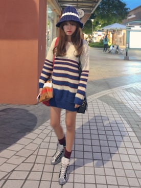 「ボーダーニット」｜「アイテム（スニーカー）」を使った、11AMさん（レディース・162cm）の冬コーディネート