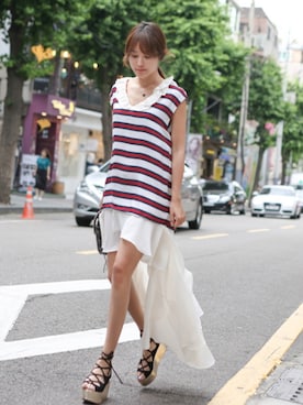 「アイテム（ワンピース/ドレス、レッド系）」を使った、11AMさん（レディース・162cm）の夏コーディネート