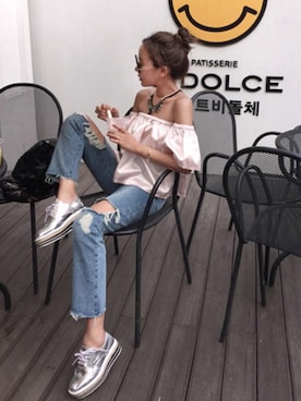 「アイテム（シャツ/ブラウス、ピンク系）」を使った、11AMさん（レディース・160cm）の夏コーディネート