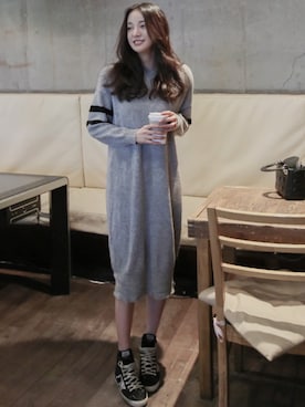 「ラインニット」｜「アイテム（ワンピース/ドレス）」を使った、11AMさん（レディース・165cm）の冬コーディネート