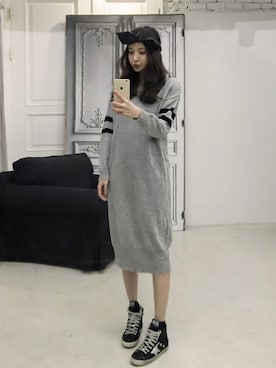「ラインニット」｜「アイテム（ワンピース/ドレス）」を使った、11AMさん（レディース・165cm）の冬コーディネート