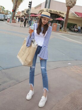 「アイテム（チューブトップ）」を使った、11AMさん（レディース・165cm）の春コーディネート