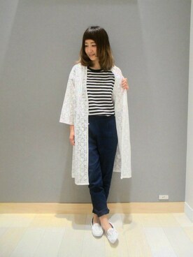 「ボーダーTシャツ」｜「アイテム（モカシン/デッキシューズ）」を使った、taknk.さん（レディース・157cm）の春コーディネート