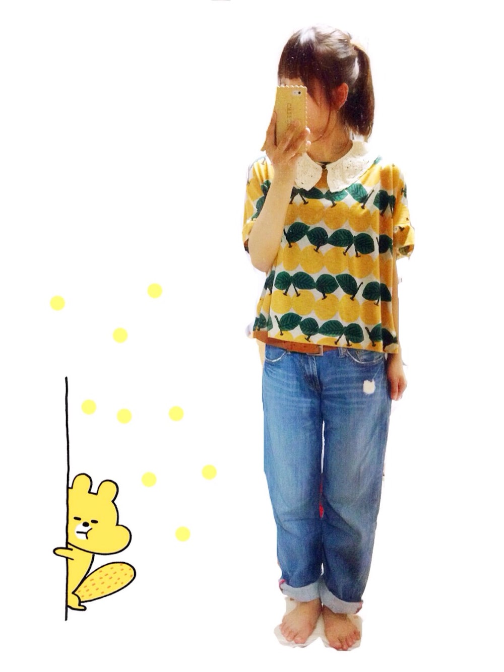 「aikoジャンキー、peu pres、チェリー柄、デニム、ポニーテール、aiko、イエロー」｜「peu presのﾁｪﾘｰpr            切替ﾌﾘﾙPO（Tシャツ/カットソー、イエロー系）」を使った、コダさん（レディース・154cm）の夏コーディネートの1枚目の写真