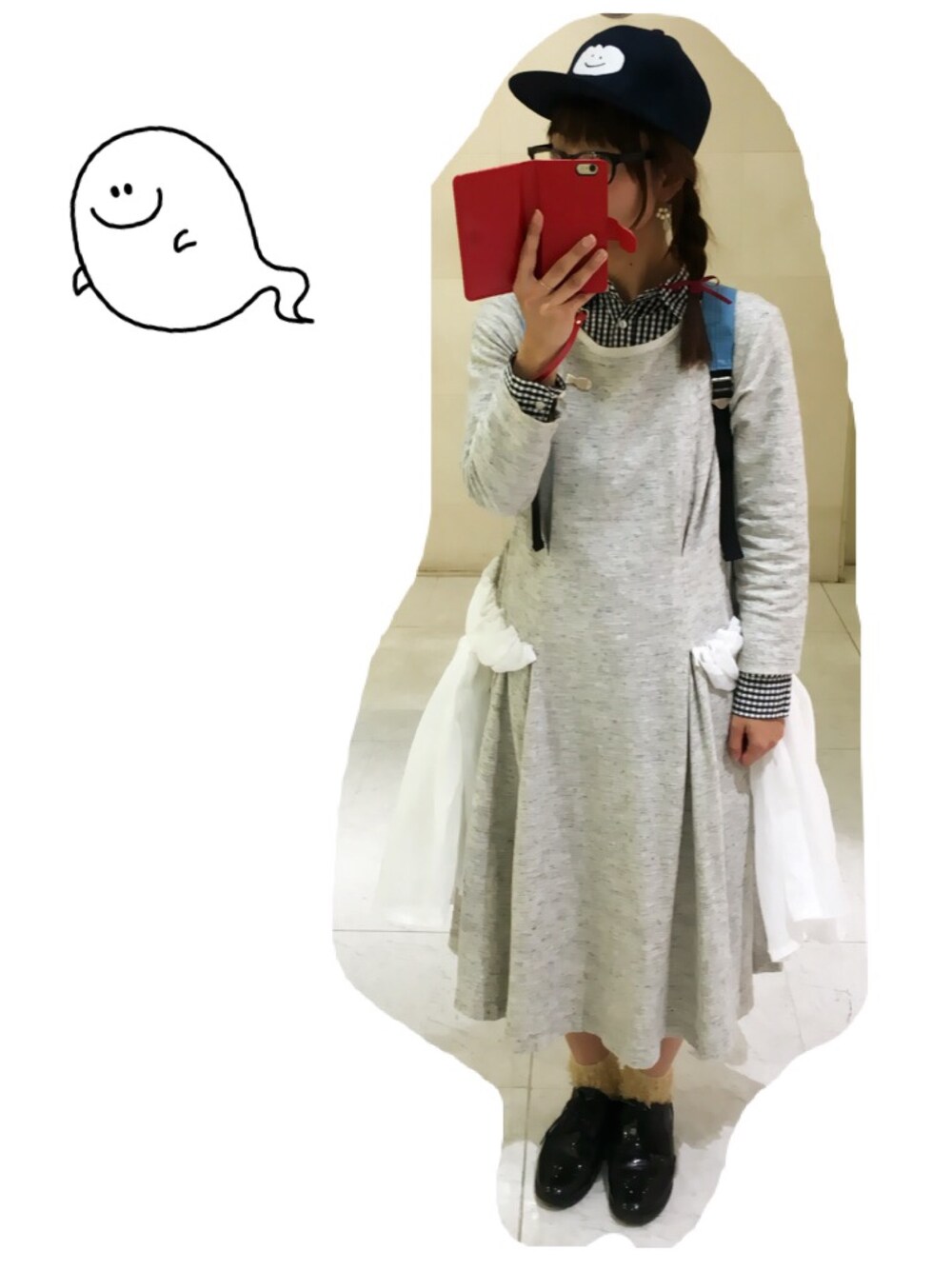 「ｂｕｌｌｅ　ｄｅ　ｓａｖｏｎ、yuni、ワンピース、キャップ×三つ編み、チェックシャツ、aikoジャンキー、三つ編み」｜「GUのアイテム（シャツ/ブラウス、ブラック系）」を使った、コダさん（レディース・154cm）の秋コーディネートの1枚目の写真