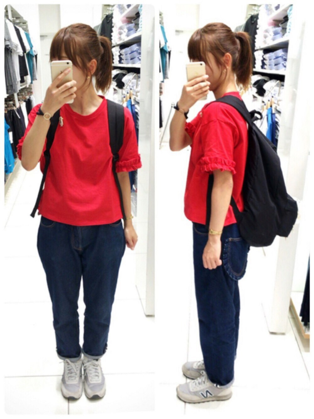 「aiko、aikoジャンキー、didizizi、赤、I am I、ポニーテール、デニムパンツ、New Balance、フリル袖」｜「didiziziの＊ﾊﾞｽｸ天竺          袖口ﾌﾘﾙTｼｬﾂ＊（Tシャツ/カットソー、ホワイト系）」を使った、コダさん（レディース・154cm）の夏コーディネートの1枚目の写真