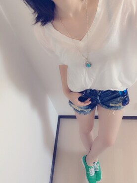 「Ungrid（アングリッド）のアイテム（Tシャツ/カットソー、ホワイト系）」を使った、me@mamaさん（レディース・157cm）の夏コーディネート