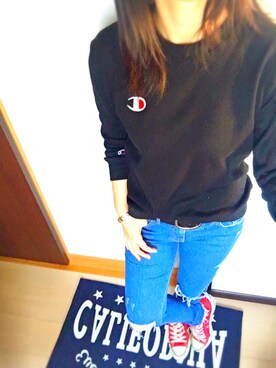 「しまむら（シマムラ）のアイテム（パーカー、ブラック系）」を使った、me@mamaさん（レディース・157cm）の冬コーディネート