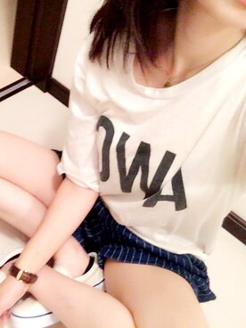 「Ungrid（アングリッド）のアイテム（Tシャツ/カットソー、ホワイト系）」を使った、me@mamaさん（レディース・157cm）の夏コーディネート