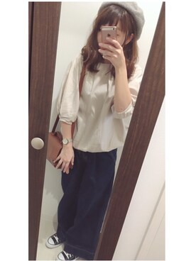 「GLOBAL WORK（グローバルワーク）のCONE DENIM WIDE/720056（デニムパンツ、ブルー系）」を使った、minさん（レディース）の秋コーディネート