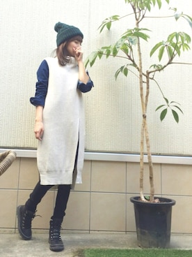 「ノースリーブニット」｜「アイテム（ニットキャップ/ビーニー）」を使った、Tu--chanさん（レディース・160cm）の冬コーディネート