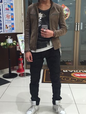「NO ID.（ノーアイディ）のアイテム（ライダースジャケット、ベージュ系）」を使った、kenkenさん（メンズ・175cm）の冬コーディネート