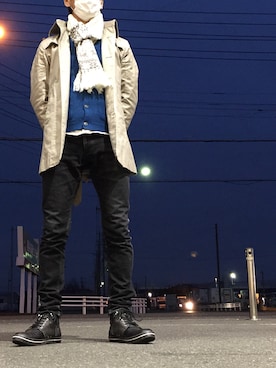 「no brand（ノーブランド）のアイテム（マフラー、ホワイト系）」を使った、kenkenさん（メンズ・175cm）の冬コーディネート