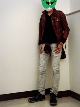 「アイテム（ミリタリージャケット、ブラウン系）」を使った、kenkenさん（メンズ・175cm）の冬コーディネート