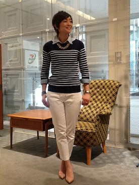「ホワイトパンツ」｜「アイテム（スラックス）」を使った、Tomoko.Kさん（レディース・163cm）の春コーディネート
