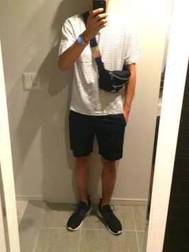 「アイテム（ボディバッグ/ウエストポーチ、ブルー系）」を使った、tomo56さん（メンズ・174cm）の春コーディネート