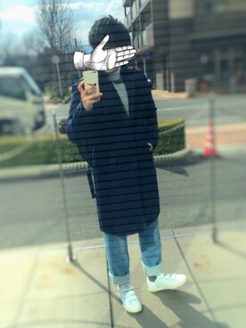 「黒リュック」｜「アイテム（チェスターコート）」を使った、Kouさん（メンズ・160cm）の春コーディネート