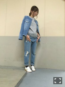「フリンジデニム」｜「アイテム（デニムジャケット）」を使った、HVCあべの店さん（レディース・155cm）の春コーディネート