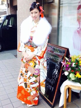 「アイテム（水着/着物・浴衣、レッド系）」を使った、ゆいこさん（レディース・157cm）の冬コーディネート