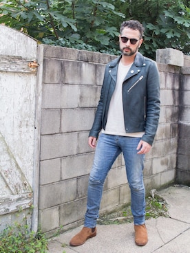 「COACH」｜「アイテム（ライダースジャケット）」を使った、Mason Kraneさん（メンズ・183cm）の秋コーディネート