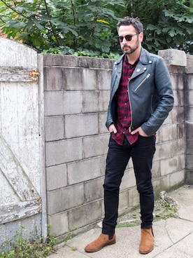「COACH」｜「アイテム（ライダースジャケット）」を使った、Mason Kraneさん（メンズ・183cm）の秋コーディネート