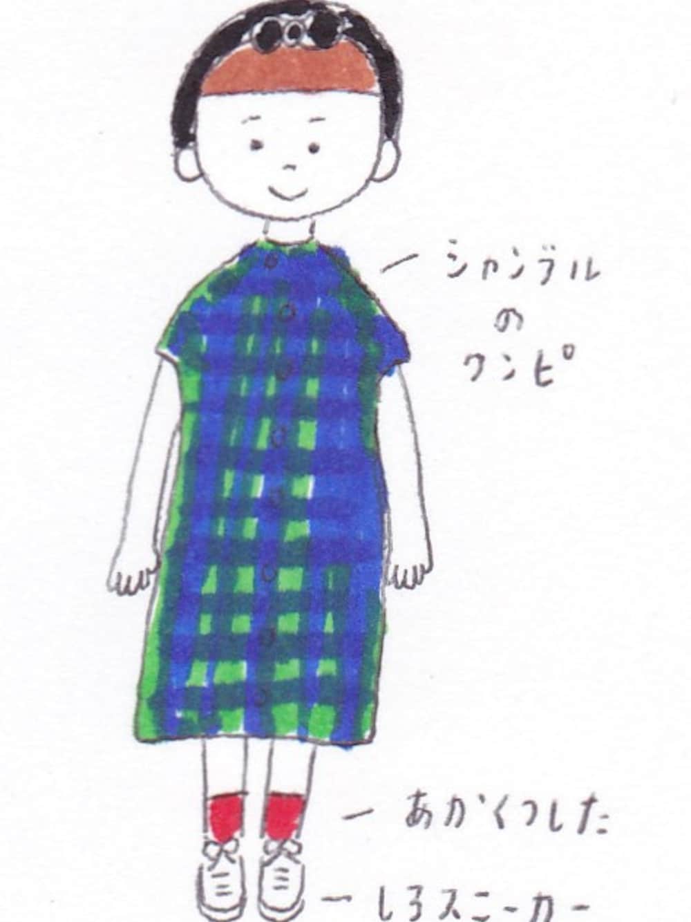 「イラスト、 イラストdeコーディネート、 気まぐれひとこ」｜「chambre de charmeの先染めグランジウォッシュ　切替えシャツワンピース（ワンピース、ブルー系）」を使った、hitocoさん（レディース・160cm）の夏コーディネートの1枚目の写真