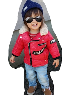 「アイテム（ライダースジャケット）」を使った、kinaさん（キッズ・80cm）の冬コーディネート