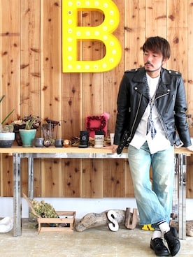 「寒い」｜「アイテム（ライダースジャケット）」を使った、fumioさん（メンズ・168cm）の冬コーディネート