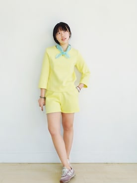 「アイテム（カーゴパンツ、イエロー系）」を使った、Bubles--啵さん（レディース・165cm）の春コーディネート