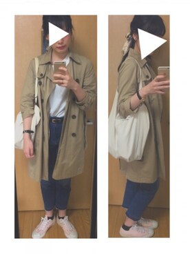 「切りっぱなしデニム」｜「アイテム（トレンチコート）」を使った、ma☺︎さん（レディース・169cm）の春コーディネート