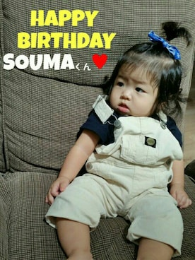 「アイテム（ヘアアクセサリー、ブルー系）」を使った、hima♬*ﾟさん（キッズ・70cm）の秋コーディネート