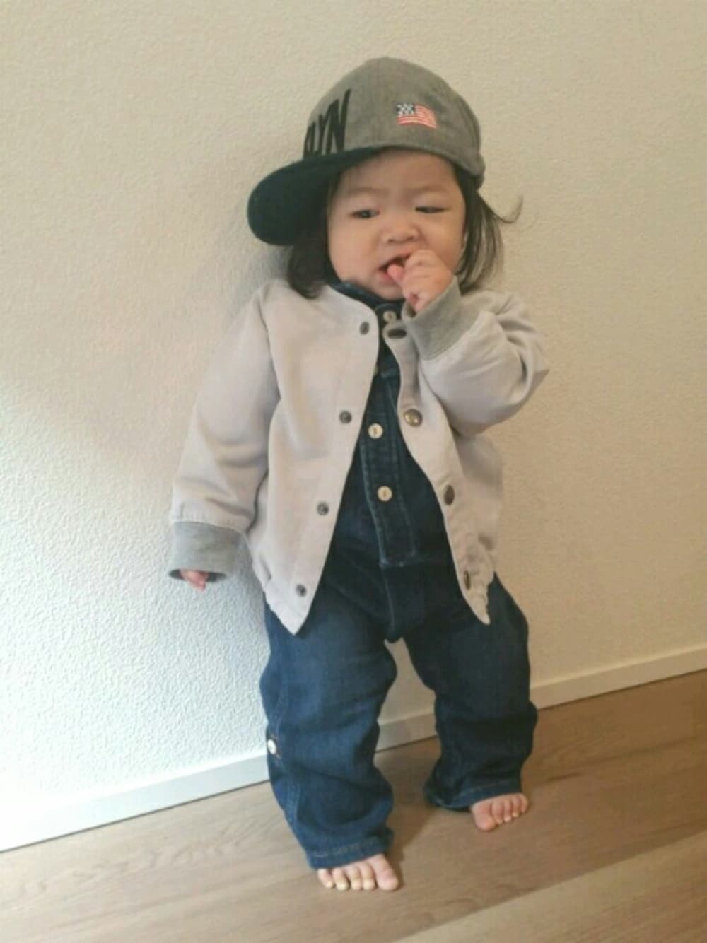 「赤ちゃん、赤ちゃんコーデ、０歳、9ヶ月、babygap、おんなのこ、BREEZE、おでかけ、下膨れBABY、お誕生日おめでとう！」｜「babyGAPのアイテム（つなぎ/オールインワン、ブルー系）」を使った、hima♬*ﾟさん（キッズ・70cm）の秋コーディネートの1枚目の写真