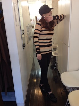 「ボーダーニット」｜「アイテム（キャップ）」を使った、actressさん（レディース・166cm）の冬コーディネート