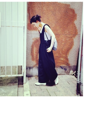 「アイテム（オールインワン・サロペット、ブラック系）」を使った、足立 さわこさん（レディース・156cm）の夏コーディネート