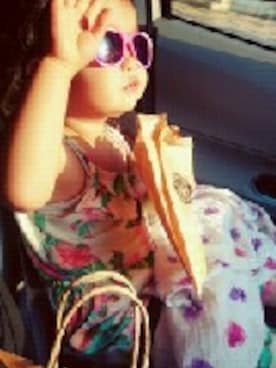 「アイテム（その他ベビー用品、パープル系）」を使った、ぽんさん（キッズ・90cm）の夏コーディネート