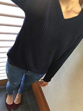 「no brand（ノーブランド）のアイテム（ニット/セーター、ブルー系）」を使った、はちさん（レディース・159cm）の秋コーディネート