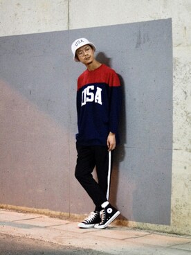 「pinnapのアイテム（スウェット、ブルー系）」を使った、HIGHCOLOR.Hさん（レディース）の冬コーディネート