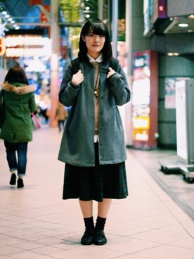 「usedのアイテム（スカート、グリーン系）」を使った、HIGHCOLOR.Hさん（レディース）の冬コーディネート