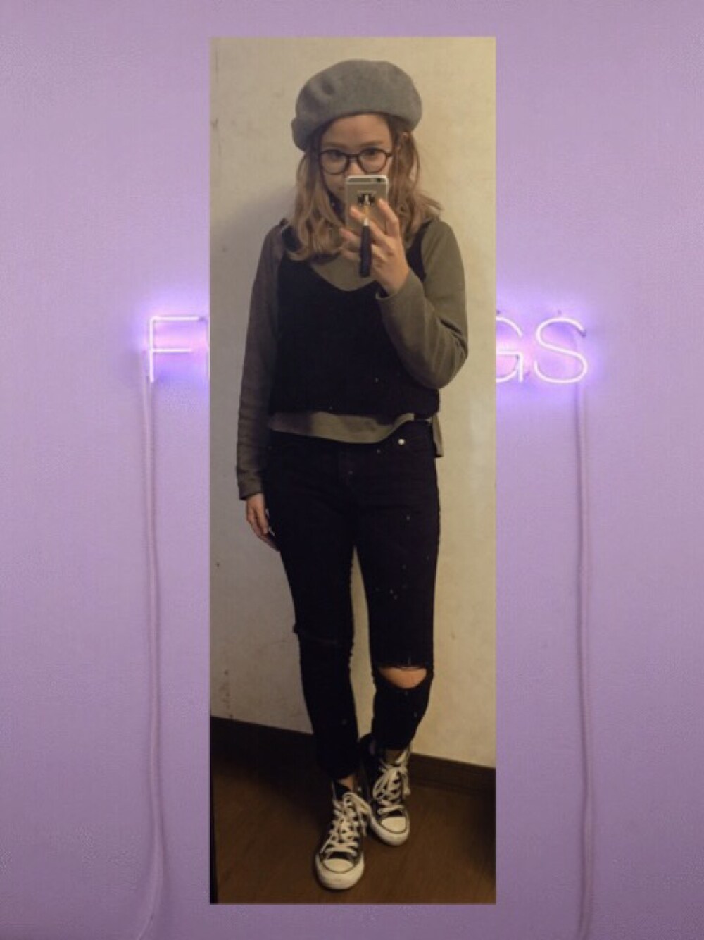 「カーキ、ダメージデニムパンツ、ニットキャミソール、ベレー帽、WEGO、しまむら、SENSEOFPLACE、FOREVER 21、converse、ALL STAR」｜「FOREVER 21のFOREVER 21 Basic Skinny Jeans（デニムパンツ、ブラック系）」を使った、a  i  ✩さん（レディース・152cm）の秋コーディネートの1枚目の写真